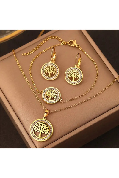 Redhead Gold Renk Hayat Ağacı Zirkon Taş Çelik Kolye Küpe Bileklik Yüzük 4'lü Zarif Set