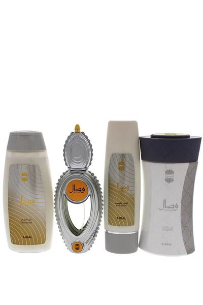 Ajmal Wisal Gift Set for Unisex, 50ml PERFUME,200ml SHOWER GEL,100ml BODY LOTION & 80 GRAMS POWDER