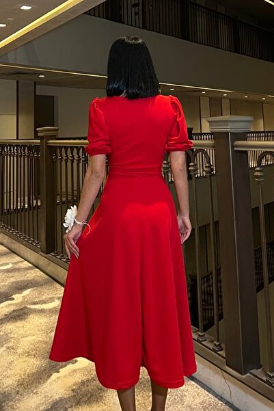 bayansepeti Kırmızı Krep Kumaş Bisiklet Yaka Prenses Kol Tasarım Kırmızı Midi Elbise 583151