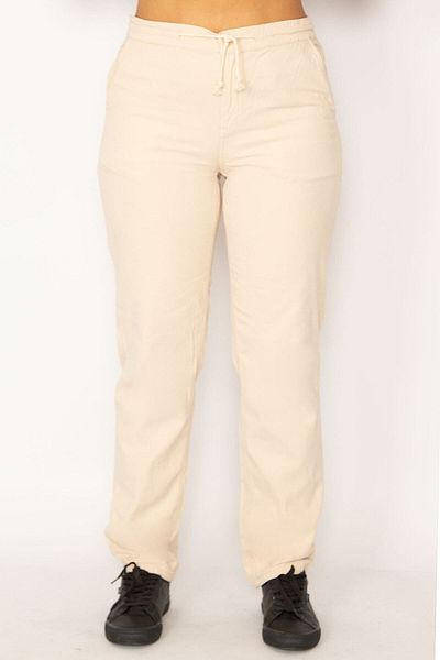 Şans Women's Large Size Stone Waist Tunnel Lace Detailed Gabardine Fabric Trousers with Side and Back Pockets 65n34145
