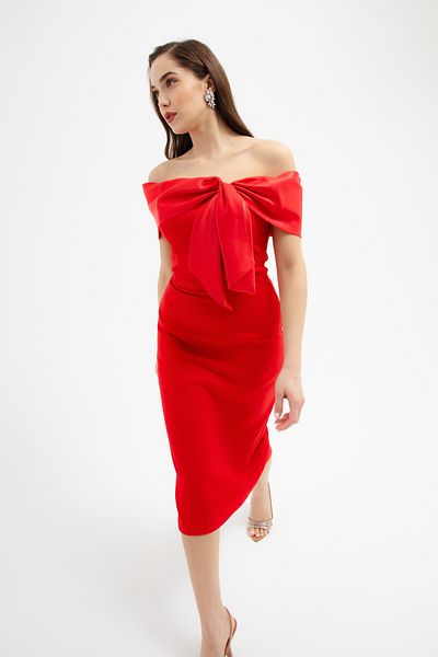 Lafaba Women's Red Neckline Detailed Promise Engagement Wedding Evening Dress