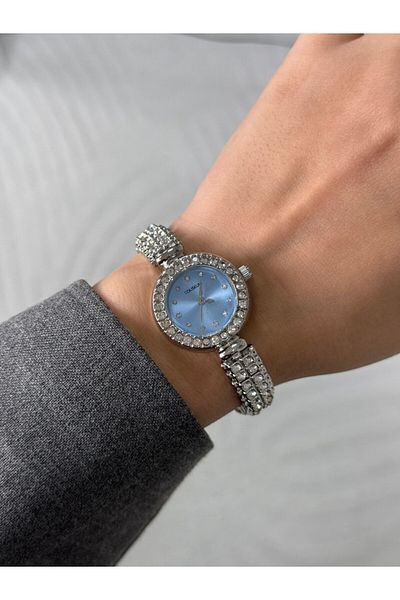 RoseandRoses Sasme Stone Round Case Women's Wristwatch Silver Band (Blue Dial)
