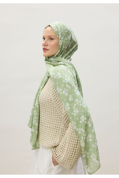 Fresh Light Green Daisy Patterned Ramı Shawl