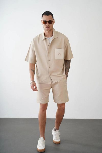 Butik Trend We Patch Detail Pocket Shirt with Elastic Waist and Cord Oversize Fit Shorts Bottom Top Set