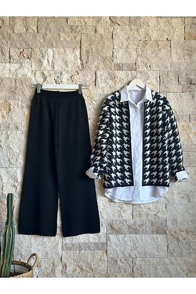 Hatun Atila Hatunatila Goose Foot Patterned Knitwear Double Set Black - 3028