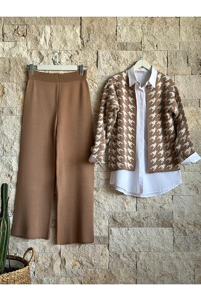 Hatun Atila Hatunatila Goose Foot Patterned Knitwear Double Set Camel - 3028