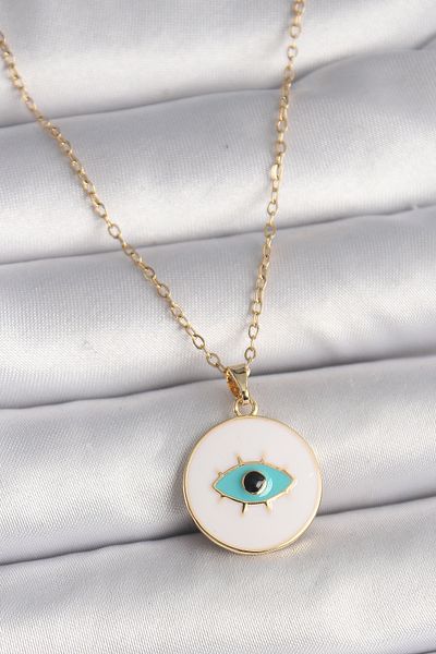 Store 316l سلسلة فولاذية ذهبية اللون مطلية بالمينا البيضاء وعين فيروزية مطرزة نموذج قلادة نسائية - ليسينيا