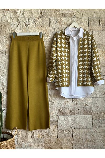 Hatun Atila Hatunatila Goose Feet Patterned Knitwear Double Set Oil Green - 3028