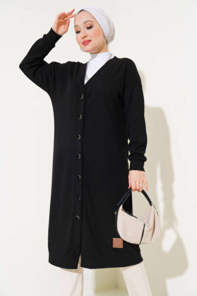 VOLT CLOTHİNG Women's Tall Buttoned Ribbed Long Cardigan