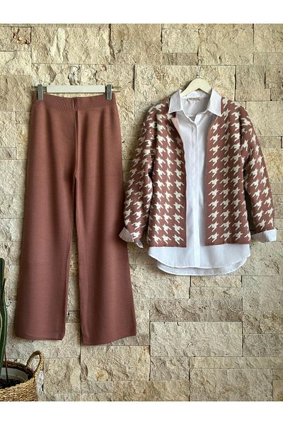 Hatun Atila Hatunatila Goose Feet Patterned Knitwear Double Set Rose - 3028