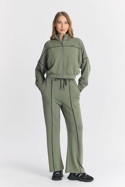 Piyera Women's Modal Low Sleeve Casual Crop Zip Wide Leg Khaki Tracksuit Set - 7807