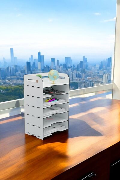 Evene Dosya Düzenleyici Masa Üstü Organizer Ahşap Evrak Rafı Beyaz Renk Model 5