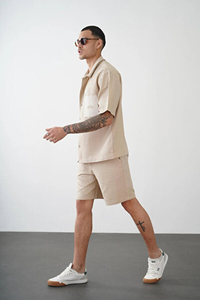 Butik Trend We Patch Detail Pocket Shirt with Elastic Waist and Cord Oversize Fit Shorts Bottom Top Set