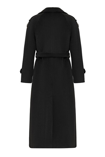 Olcay Μαύρο παλτό με μανίκια Raglan - με δερμάτινη κάπα και λεπτομέρεια επωμίδας 3084