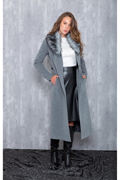 Olcay Fur Collar Tied Waist Medium Length Coat Gray 3397