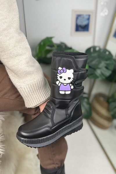 Nstil Casual μαύρες γυναικείες μαύρες μπότες χιονιού Hello Kitty με γούνα εσωτερικά και αντιολισθητική σόλα Velcro 802