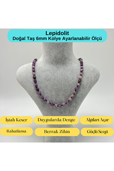 YILDIZ DOĞAL TAŞ SERTİFİKALI Lepidolit Doğal Taş 6mm Makrome Kolye 45cm- 55cm...