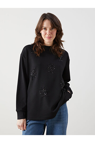 LC Waikiki Μαύρο γυναικείο φούτερ με λαιμόκοψη ποδηλάτου και κεντημένες πούλιες