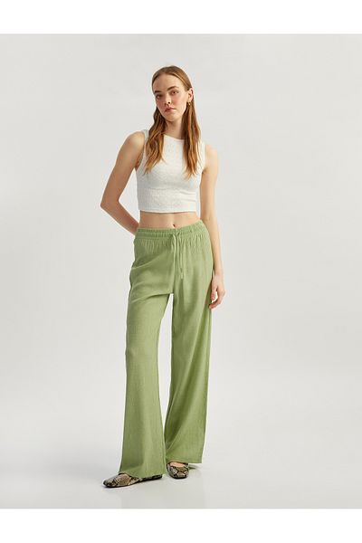 Koton Viscose Blended Wide Leg Trousers with Lace-Up Waist