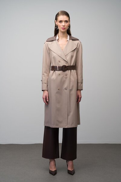 Olcay Punto Detaylı Deri Garnili Su İtici Özellikli Trençkot TAŞ 6618