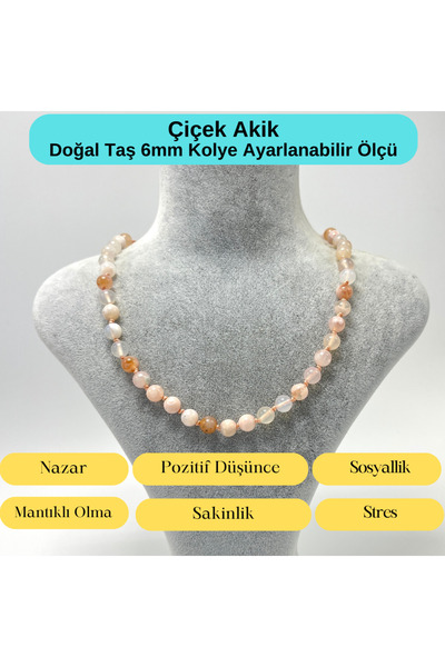 YILDIZ DOĞAL TAŞ SERTİFİKALI Çiçek Akik Doğal Taş 6mm Makrome Kolye 45cm- 55c...