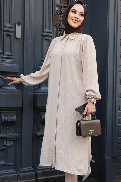 Neva Style Rochie Hijab Bej cu nasturi 41401bej