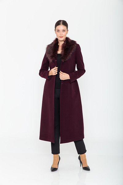 Concept. Mittellanger Mantel mit Pelzkragen und gebundener Taille, Pflaume 3397