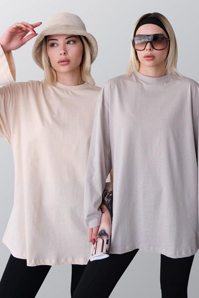 C&City Μπλουζάκι με φαρδύ μανίκι Oversize 2 Pack 964 Γκρι/Μπεζ