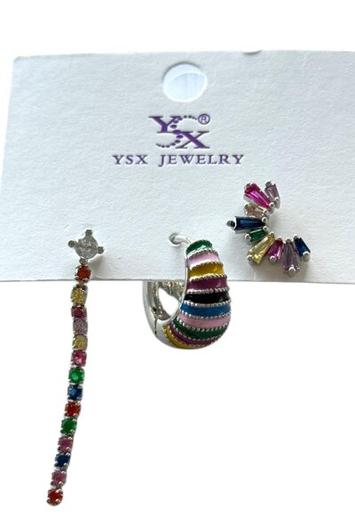 TAKIŞTIR Gümüş Renk Taş Detaylı VİP 3'lü YSX Küpe Set