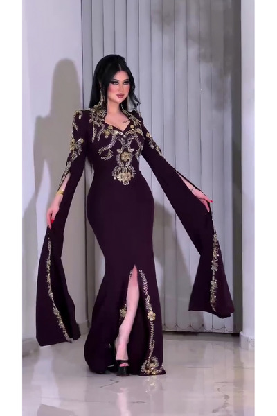 NHMODA فستان سهرة مصنوع يدويًا من قماش الكريب المزدوج