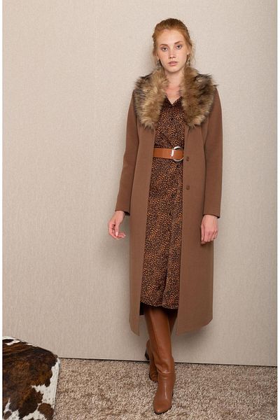 Concept. Mittellanger Mantel mit Pelzkragen und gebundener Taille, Braun 3397