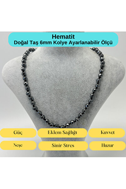 YILDIZ DOĞAL TAŞ SERTİFİKALI Hematit Doğal Taş 6mm Makrome Kolye 45cm- 55cm A...