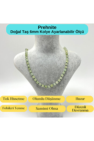 YILDIZ DOĞAL TAŞ SERTİFİKALI Prehnit Doğal Taş 6mm Makrome Kolye 45cm- 55cm A...