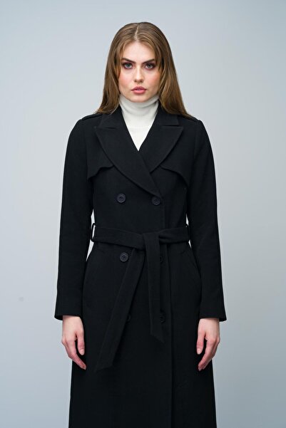 Olcay Černý dvouřadý dlouhý kabát - plášť a nárameníka Detail 3013