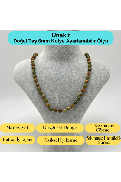 YILDIZ DOĞAL TAŞ SERTİFİKALI Unakit Doğal Taş 6mm Makrome Kolye 45cm- 55cm Ay...
