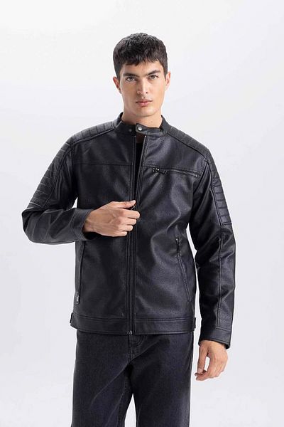 DeFacto Wasserabweisender Slim-Fit-Kunstledermantel mit Reißverschluss – Stehkragen D6241ax25sp