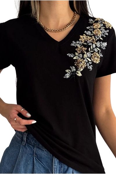 Cassime Tricou cu mânecă scurtă, 100% bumbac, cu paiete cu flori negre, brodat cu paiete S-M-L-XL-2XL-3XL