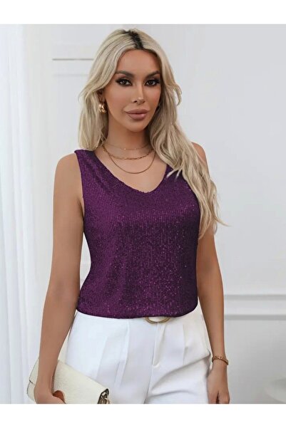 Modamorfo Pul Payetli Sıfır Kol Bluz -Mürdüm