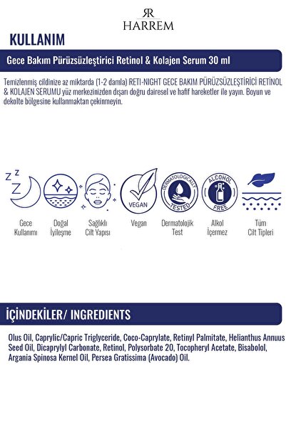 Harrem Retinol & Kolajen Serum Yaşlanma Karşıtı Dolgunlaştırıcı Reti-night 30 ml