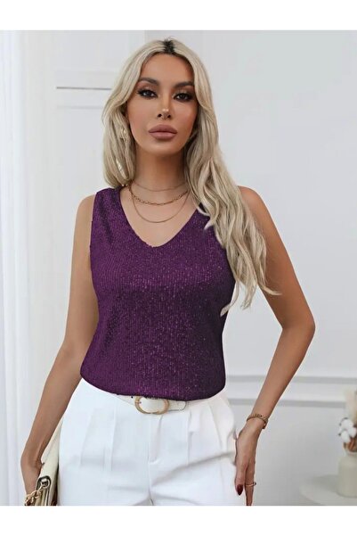 Modamorfo Pul Payetli Sıfır Kol Bluz -Mürdüm