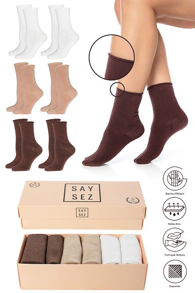 SAYSEZ Premium Bamboo Women's Socks - Elasticated, Seamless, 6-Piece Box, No Trace, No Tightening