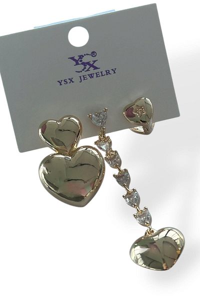 TAKIŞTIR مجموعة أقراط YSX مكونة من 3 قطع بتفاصيل حجرية على شكل قلب ذهبي اللون