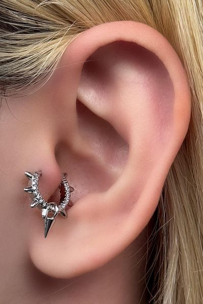 TAKIŞTIR Silver Color Stone Detailed Surgical Steel Hoop Tragus/ Cartilage Earring/Piercing (Single)