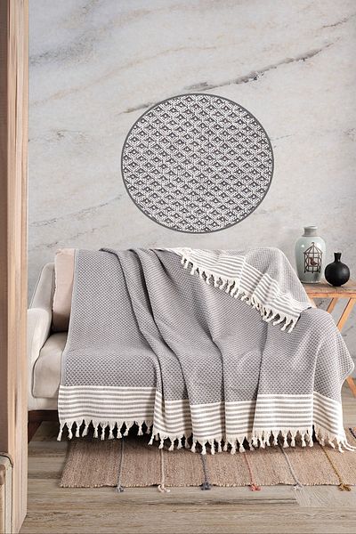 LADYNİL Anthracite Sofa Cover with Star Border | Sofa Shawl 180x210 Cotton