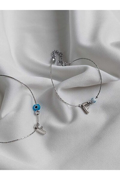 bijoux uniques طقم قلادة وسوار مطلي بتفاصيل خرز عين الشر على شكل حرف F