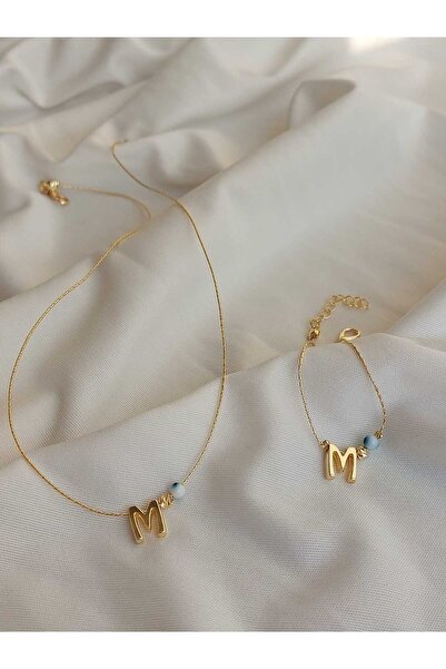 bijoux uniques M Letter Evil Eye Bead Detailed Gold Non-Tarnish Coated Neckla...