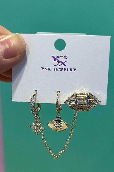 TAKIŞTIR مجموعة أقراط YSX مكونة من 3 قطع مع تفاصيل حجرية ذهبية اللون