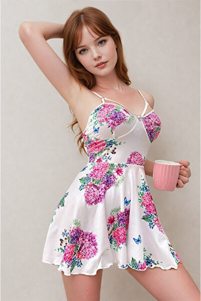 Burcumay Mini cămașă de noapte albă - imprimeu floral scurt, fără mâneci și bretele