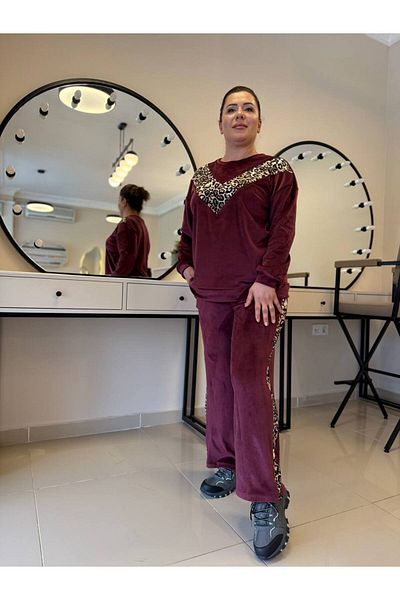 garajmood Set de trening din catifea cu detaliu leopard burgundy