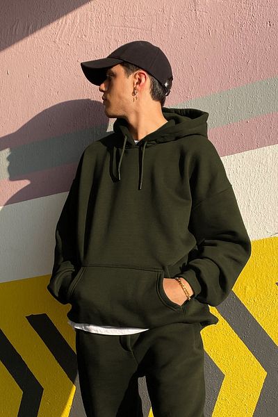 ruNadeS Men's 3 Thread Wide Fit Hooded Kangaroo Pocket Tracksuit Set - Casual